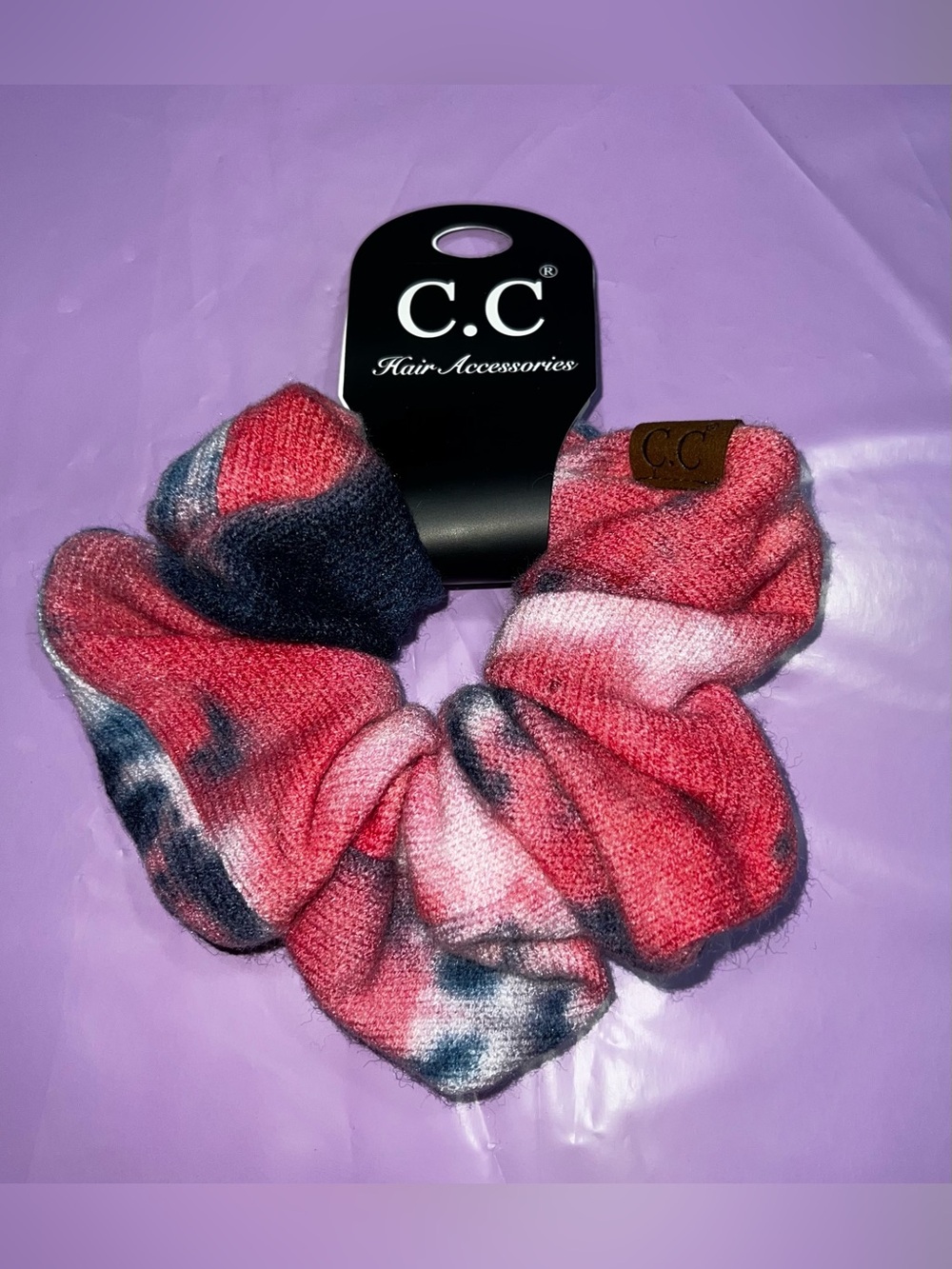 C.C Pink Navy Tie-Dye Knit Scrunchie with Leather Logo - NEW